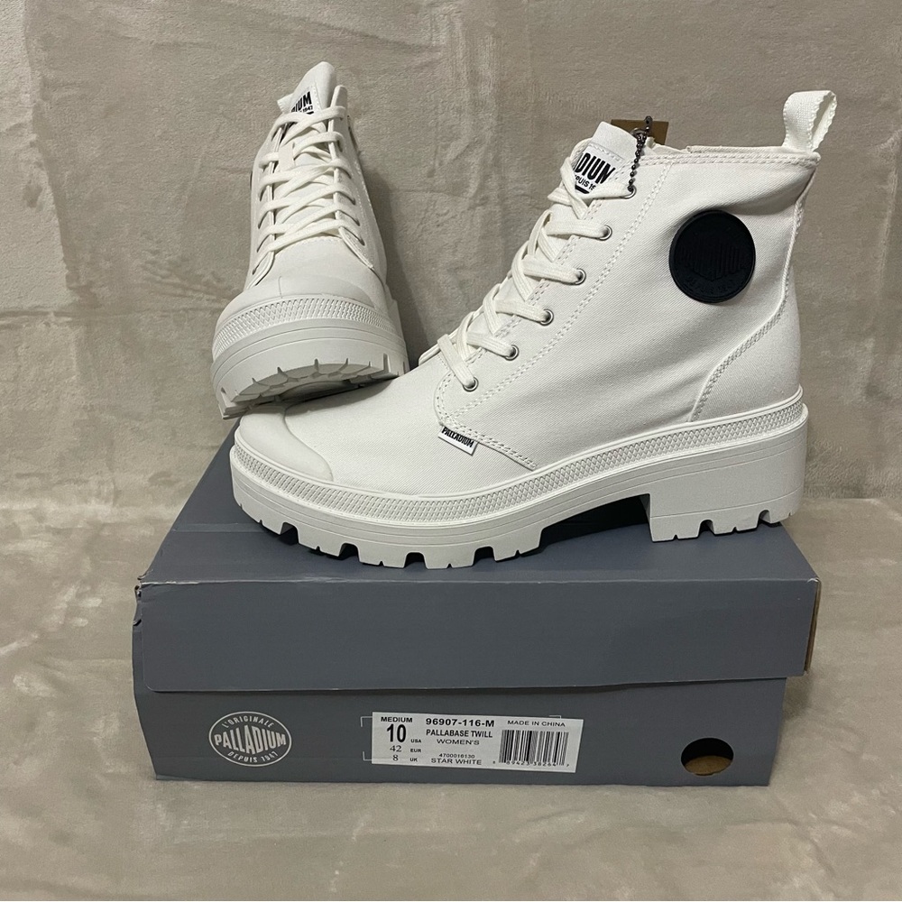 New Palladium Pallabase Twill White Boots Sz 10 Womens Y2K Chunky Sole